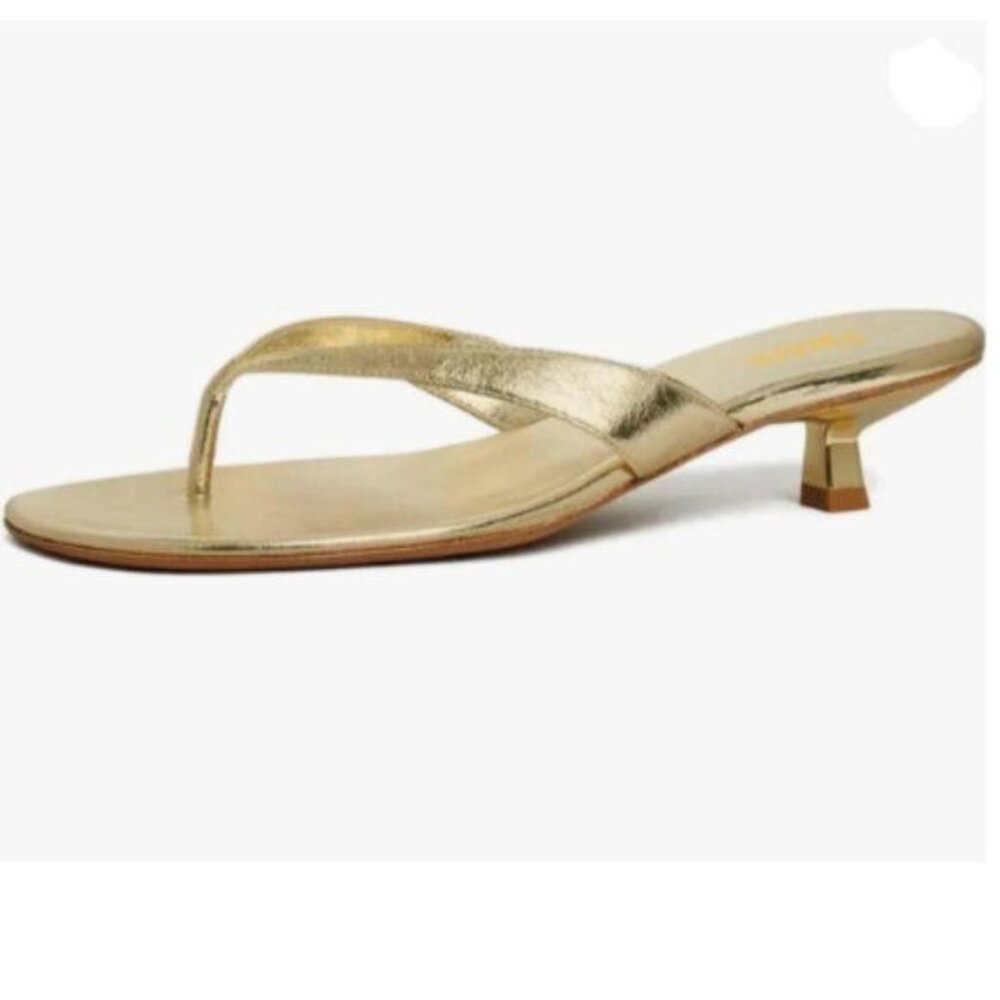Pazzion Gold Open Toe Low Kitten Heel Flip Flops Slip On Thong Sandals Shoe